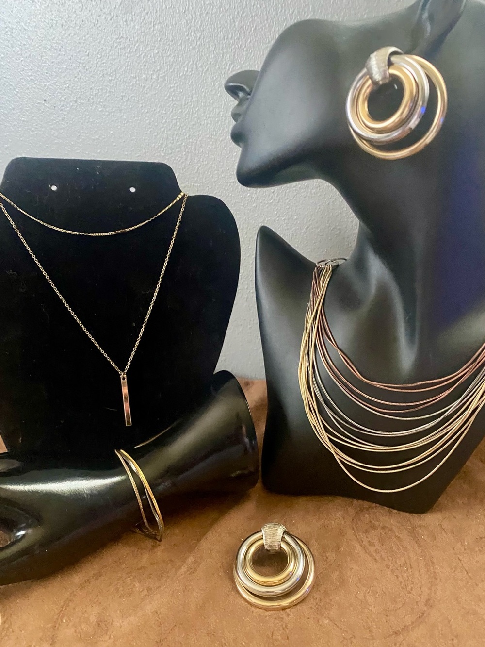 Gold, rose gold, silver Multi-Layer Necklace, Bracelet, Door knocker Earrings